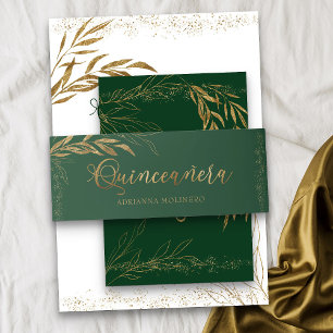 Cintas Para Invitaciones Quinceañera de hoja de oro y verde esmeralda con c