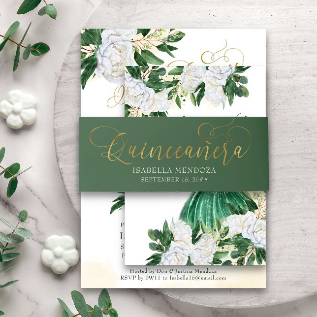 Cintas Para Invitaciones Quinceanera de oro y verde esmeralda (Quinceanera belly band from my Emerald Greenery & White Peony collection)