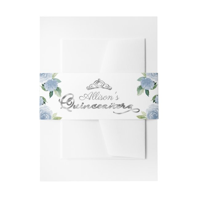 Cintas Para Invitaciones Quinceanera floral azul claro de Tiara (Anverso Ejemplo)