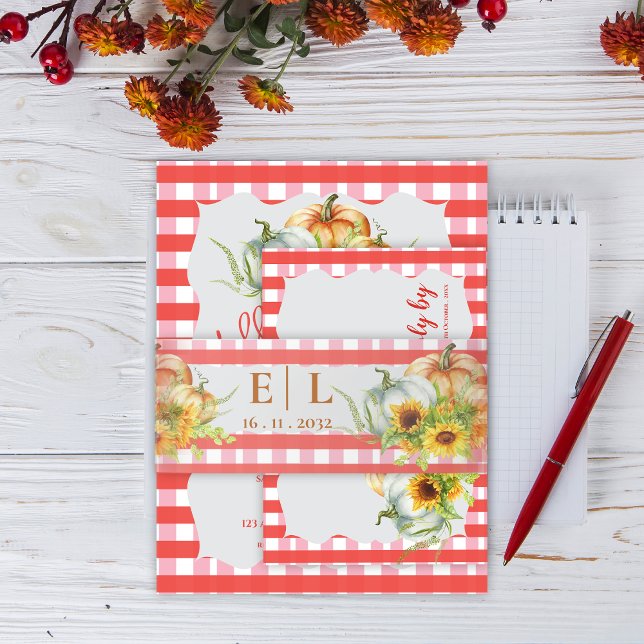 Cintas Para Invitaciones Red Gingham Pumpkins Sunflowers Fall Wedding (Red Gingham Pumpkins Sunflowers Fall Wedding Invitation Belly Band)