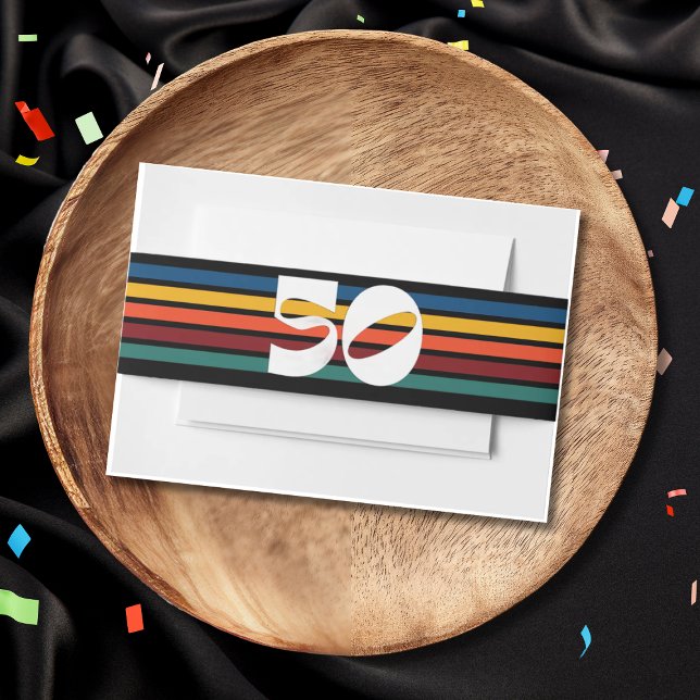 Cintas Para Invitaciones Retro Striped Fifty Birthday Invitation Belly Band (Subido por el creador)