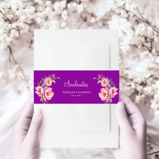 Cintas Para Invitaciones Rosa acuático y Boda floral peony (Watercolor rose & peony floral wedding belly band — Soulmates.)