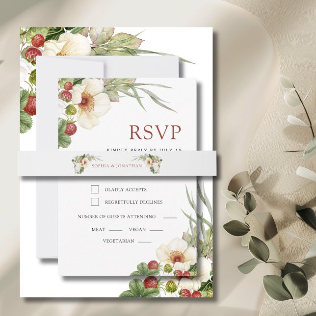 Cintas Para Invitaciones Rosa blanca y Boda de fresa silvestre (White Rose and Wild Strawberry Wedding Invitation Belly Band)