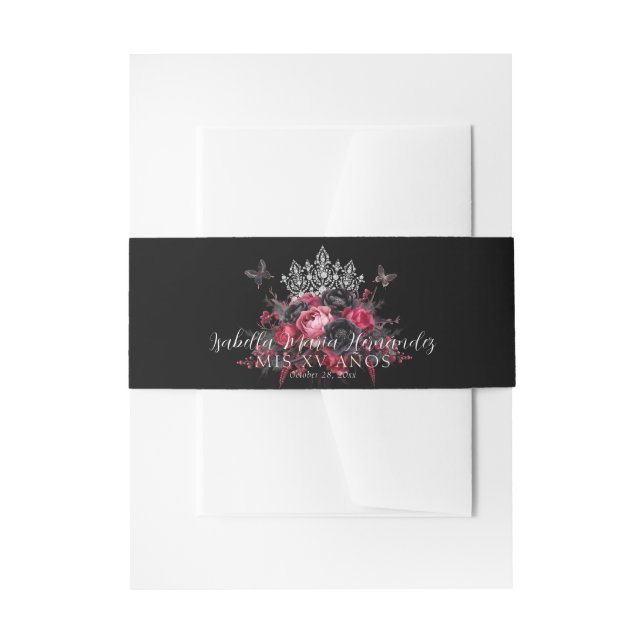 Cintas Para Invitaciones Rosa gótico, rojo y negro quinceañera (Anverso Ejemplo)