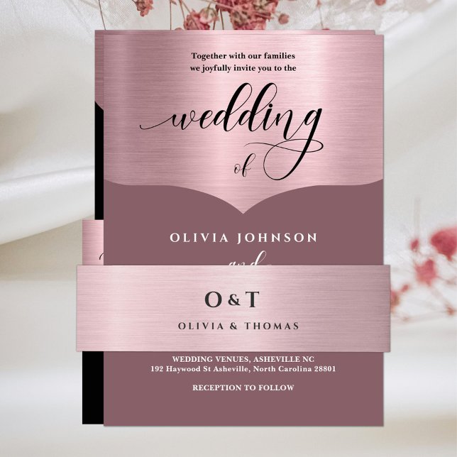 Cintas Para Invitaciones Rosa metálico Boda Monograma dorado (Subido por el creador)