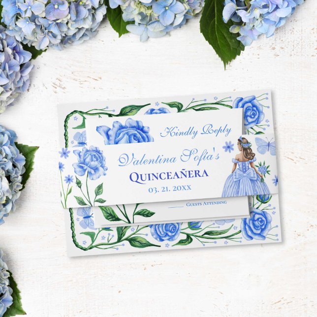 Cintas Para Invitaciones Rosas azules bebés Mariposa Quinceañera (Baby Blue Roses Princess Butterfly Quinceañera Invitation Belly Band)