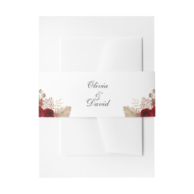 Cintas Para Invitaciones Rosas de Borgoña y Boda de hojas de palmera (Anverso Ejemplo)