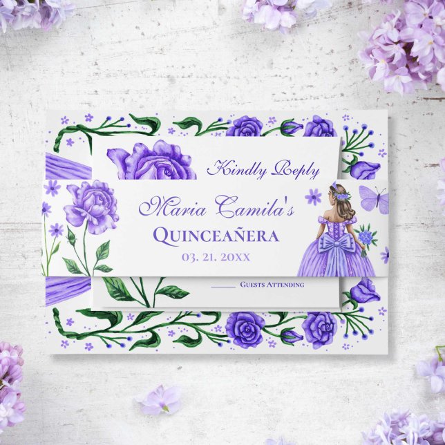 Cintas Para Invitaciones Rosas Lilac Morado Princesa Mariposa Quinceañera (Lilac Purple Roses Princess Butterfly Quinceañera Invitation Belly Band)
