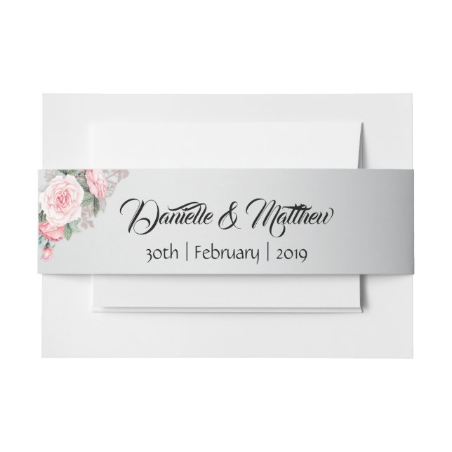Cintas Para Invitaciones Rosas rosas rosas y Boda floral plateada brillante (Anverso Ejemplo)
