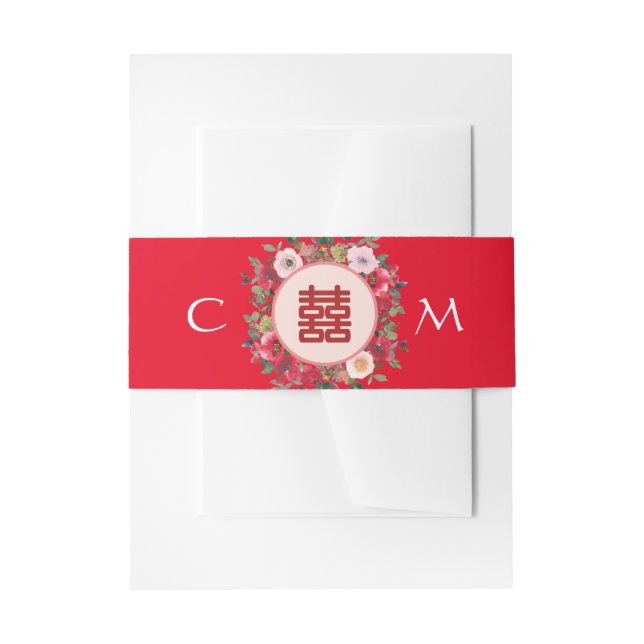 Cintas Para Invitaciones Rueda floral roja bodas chinos iniciales (Anverso Ejemplo)