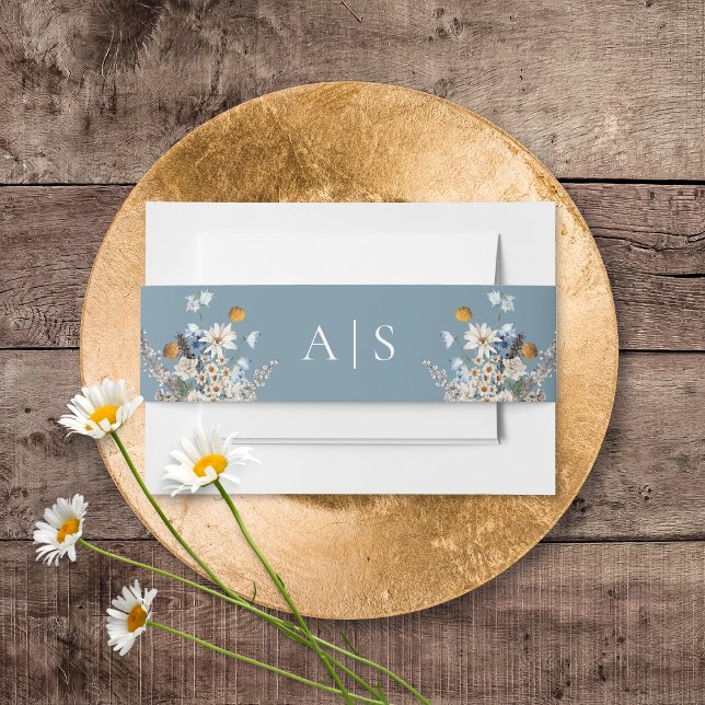 Cintas Para Invitaciones Rústico Boda de Flores y Daisies Azul (Rustic Dusty Blue Wildflowers & Daisies Wedding Invitation Belly Band)