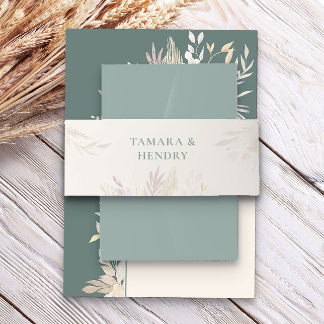 Cintas Para Invitaciones Sage Green Almond Boda Delicate Foliage (Ivory Sage Green Elegant Wedding Invitation Belly Bands - Foliage Duet wedding collection)