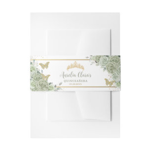 Cintas Para Invitaciones Sage Green Floral Butterflies Gold Quinceanera