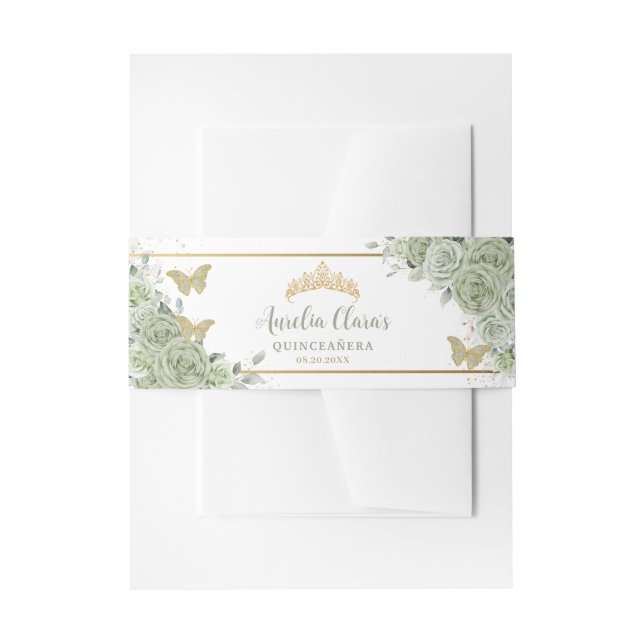 Cintas Para Invitaciones Sage Green Floral Butterflies Gold Quinceanera (Anverso Ejemplo)