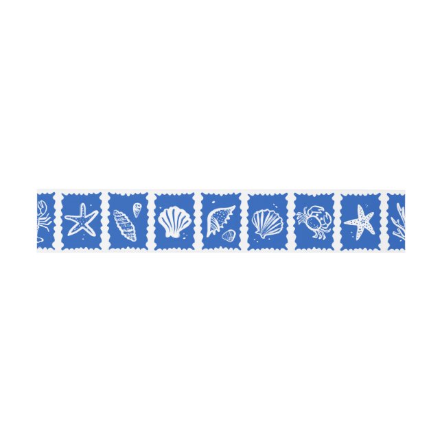 Cintas Para Invitaciones Seashell Grid Beach Wedding Blue White PERSONALIZA (Superficie plana)