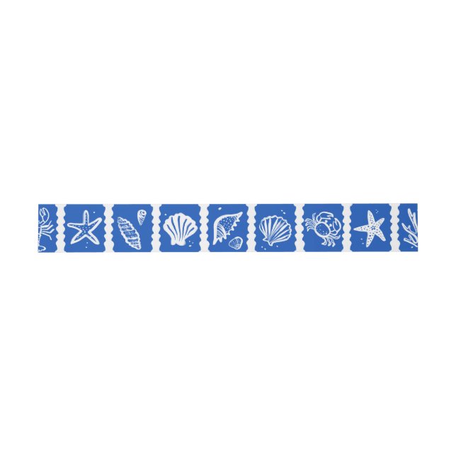 Cintas Para Invitaciones Seashell Grid Beach Wedding Blue White PERSONALIZA (Superficie plana)