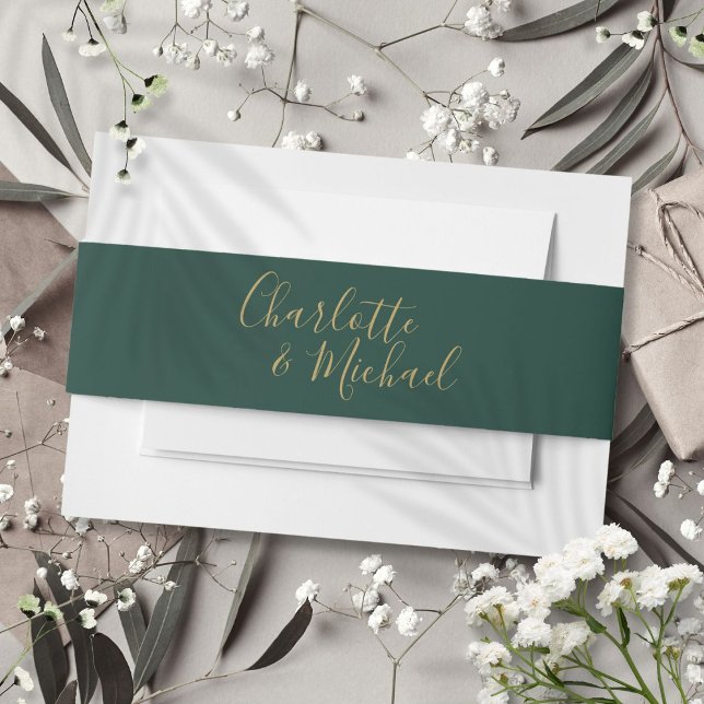 Cintas Para Invitaciones Sencilla Firma Verde Esmeralda Y Oro (Simple Emerald Green And Gold Signature Invitation Belly Band)