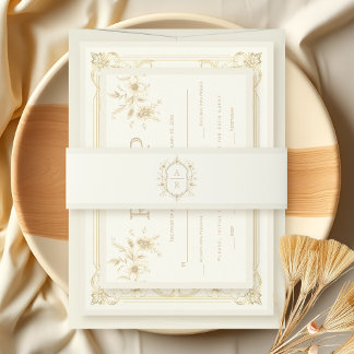 Cintas Para Invitaciones Sepia floral crest with monogram vintage wedding