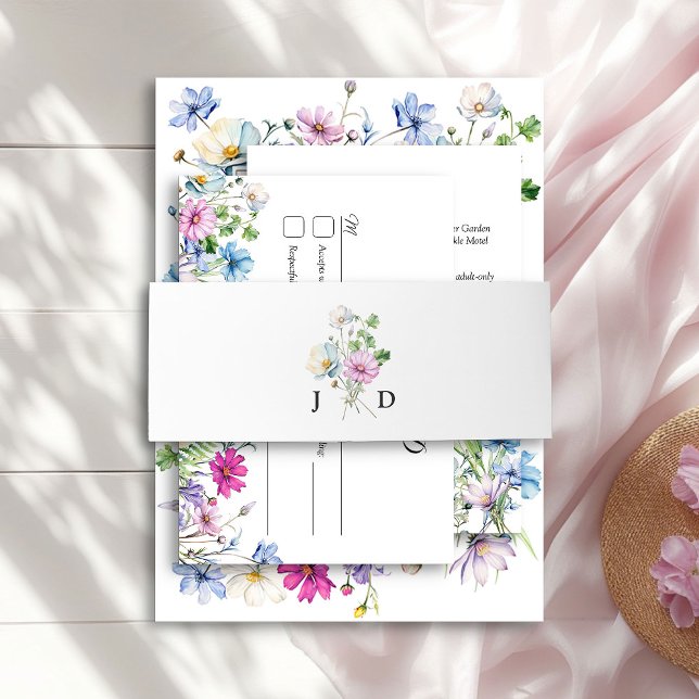 Cintas Para Invitaciones Simple Monogramado Floral Flor silvestre Posy Boda (Floral Monogram belly band from the Wildflower Garden Wedding Collection by Darling & May)