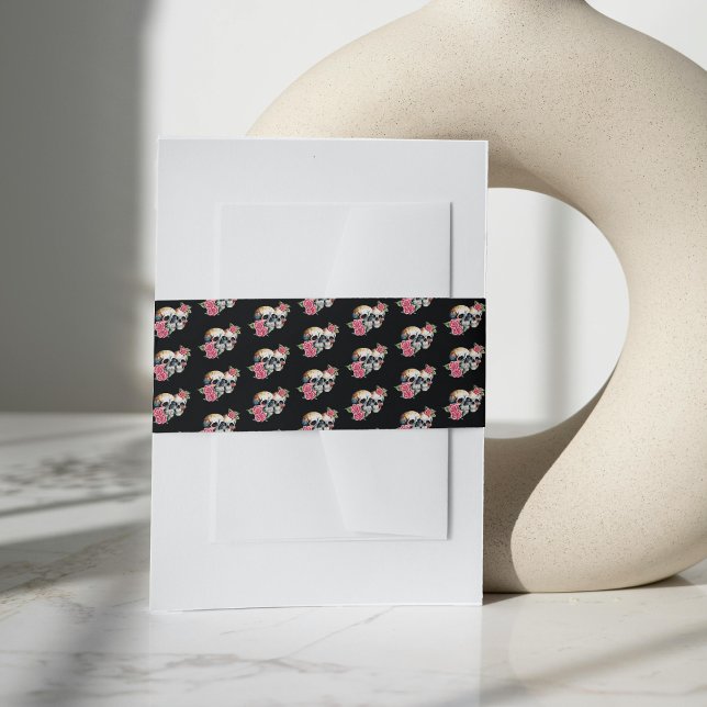 Cintas Para Invitaciones Skulls y Rosas Patrón Boda negro (Skulls & Roses Pattern Black Wedding Invitation Belly Band)