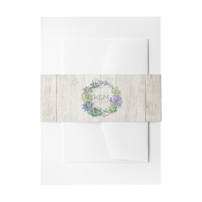 Cintas Para Invitaciones Suculentos y Boda de madera rústica Wreath ID515 (Anverso Ejemplo)