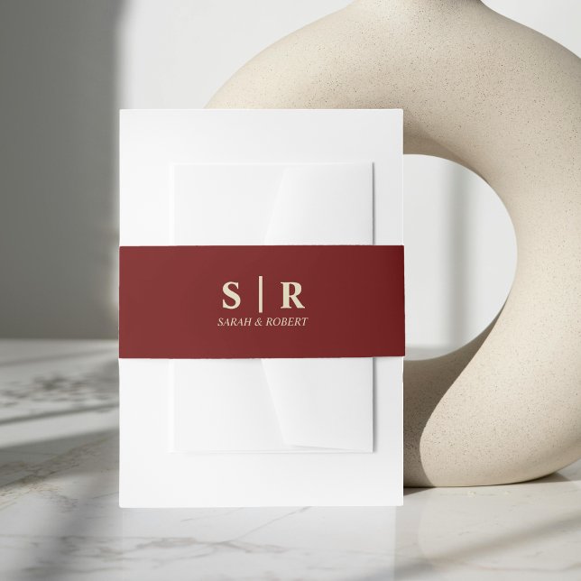 Cintas Para Invitaciones Tan Brown y el Boda del Monograma Rojo Oscuro (Tan Brown & Dark Red Monogram Wedding Invitation Belly Band)