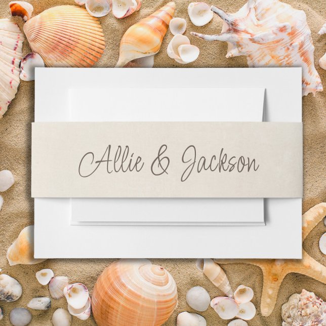 Cintas Para Invitaciones Tan Cream Bride Groom Names Boda (Cream-colored casual script beach/sea shell wedding stationery belly band)