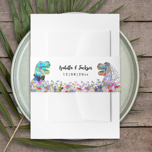 Cintas Para Invitaciones Tema de Dinosaurio Boda de flores silvestres (Dinosaur themed wedding colorful T-Rex bride and groom with wildflowers custom belly band)