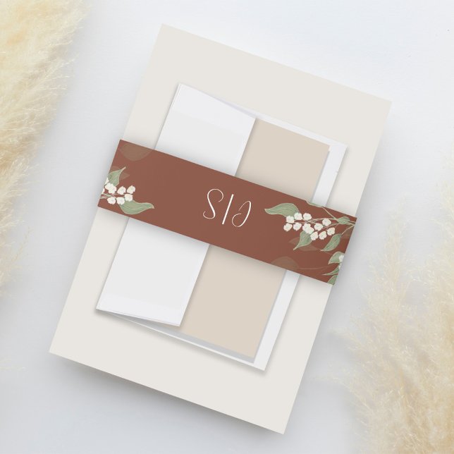 Cintas Para Invitaciones Terracotta Boda Monograma Personalizado floral (Terracotta wedding invitation belly band with elegant floral, greenery, and foliage. )