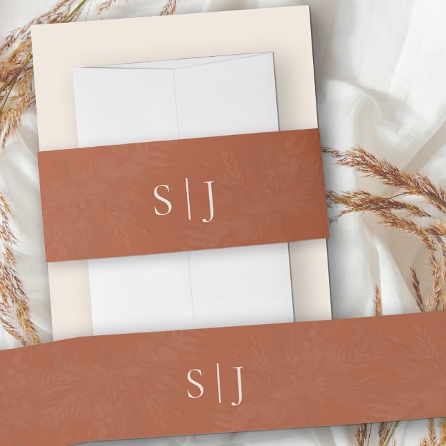 Cintas Para Invitaciones Terracotta Cream Simple Monogramado (Monogrammed belly band in terracotta burnt orange with leaf shadows)