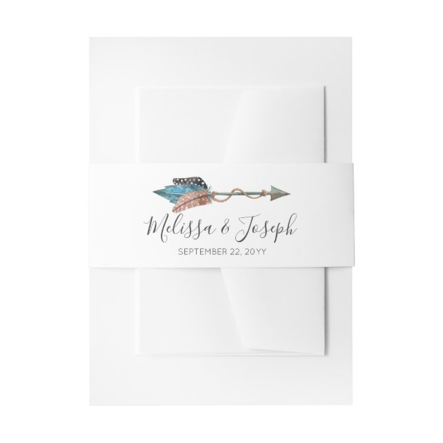 Cintas Para Invitaciones Turquesa Rústica Madera Plumas Flecha Boda Boho (Anverso Ejemplo)