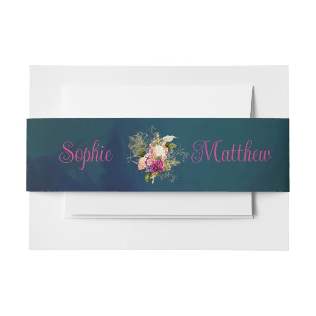 Cintas Para Invitaciones Verde azulado, naval, verde, oro audaz Boda de Flo (Anverso Ejemplo)