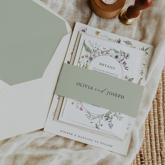 Cintas Para Invitaciones Verde suave con tus nombres | BODA (Our elegant soft green belly band coordinates perfectly with our Botanical Wildflowers wedding suite)