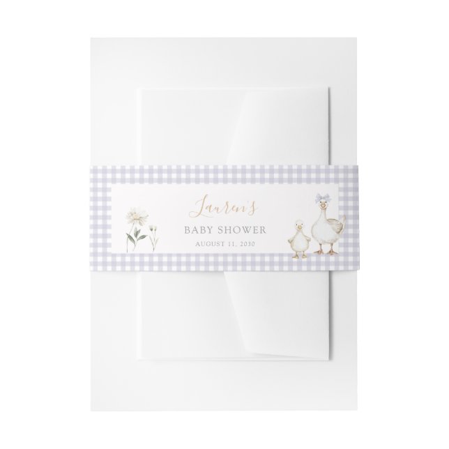 Cintas Para Invitaciones Whimsical Silly Goose Purple Gingham Baby Shower (Anverso Ejemplo)