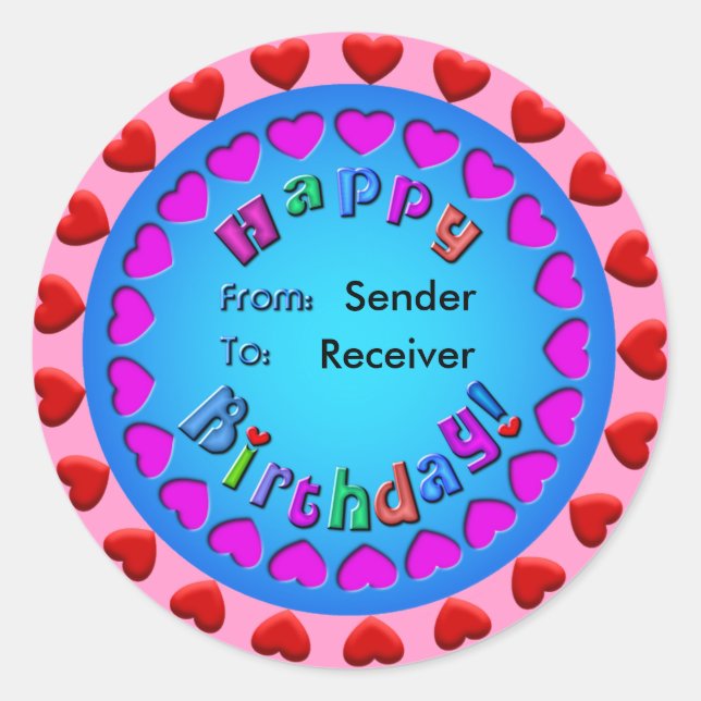 Círculo de corazones feliz Pegatina de cumpleaños (Anverso)