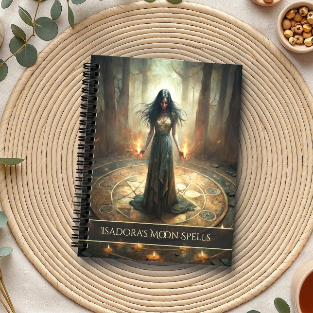 Círculo ritual - Diario de deletreo de Personaliza (Ritual Circle - Dark Witch Custom Spell Journal on a boho table with botanicals and a cup of tea)