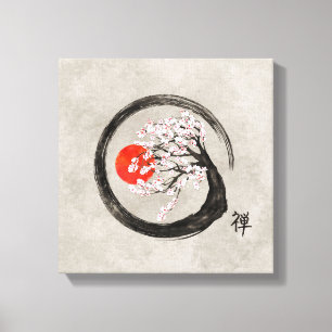 Círculo zen enso y árbol sakura en lienzo