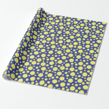 Círculos amarillos funky en papel de regalo azul
