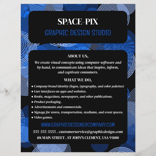 Círculos gráficos azules, publicidad del diseñador (Frente)