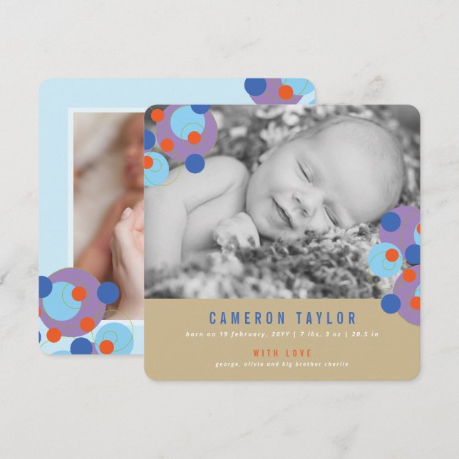 Círculos morados de burbujas de bebé anuncio de na (Anverso / Reverso)