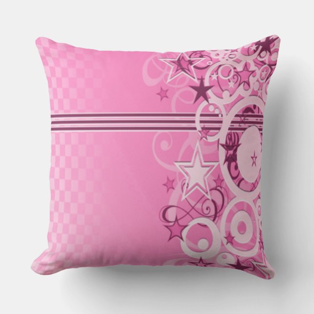 Círculos retro y estrellas Cojín decorativo rosado (Anverso)