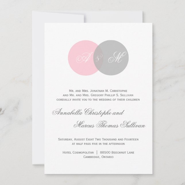 Círculos unidos rosados y grises Invitación a la b (Anverso)