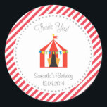 Circus Tent Birthday Gracias Pegatina Red<br><div class="desc">Pegatina redondo para el favor de cumpleaños con diseño de carpa circense.</div>
