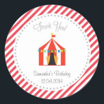 Circus Tent Birthday Gracias Pegatina Red<br><div class="desc">Pegatina redondo para el favor de cumpleaños con diseño de carpa circense.</div>