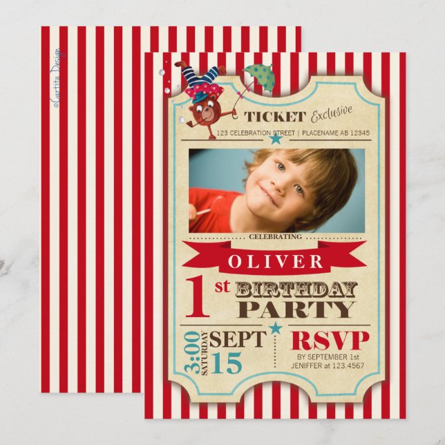 Circus Ticket 1.ᵉʳ cumpleaños | Invitación de fies (Anverso / Reverso)