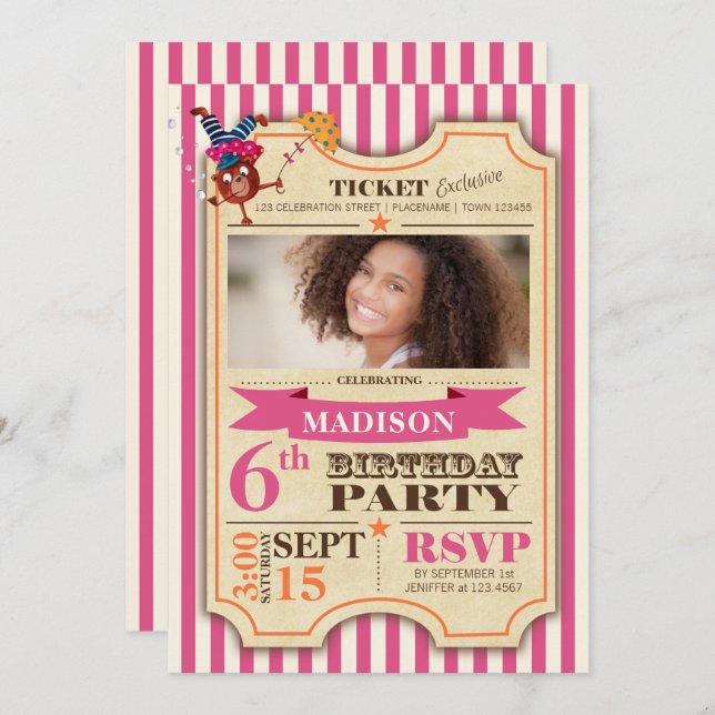 Circus Ticket | Chica de cumpleaños | Invitación d (Anverso / Reverso)