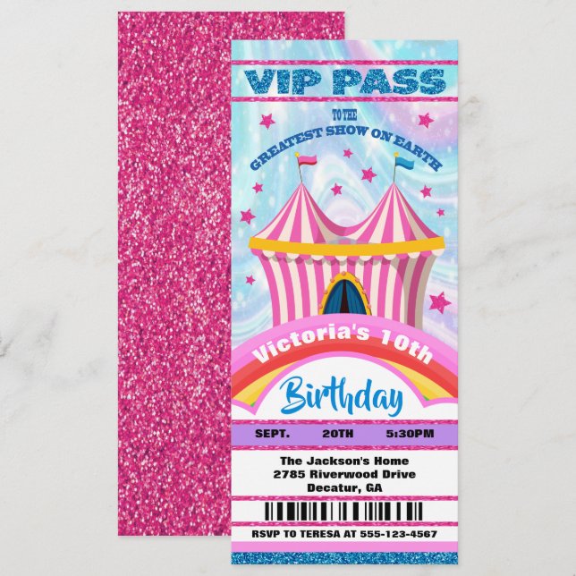 Circus VIP pases entradas Invitación de cumpleaños (Anverso / Reverso)