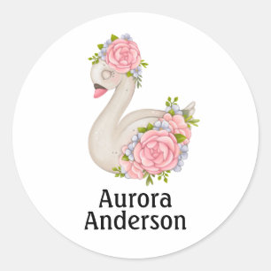 Cisne Bebé Adorable con Rosas Pegatina Redonda Cl