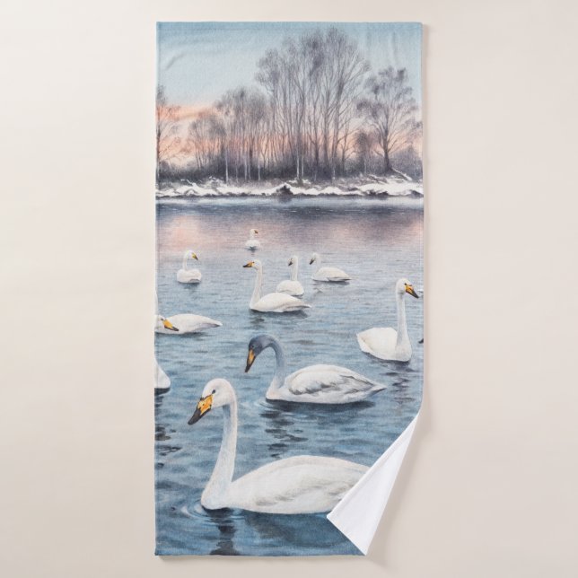 Cisne blanco mudo en un lago. Cisne de pintura acu (Toalla de baño)