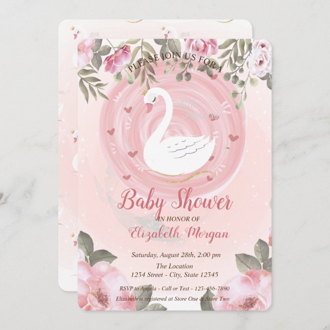 Cisne Cute, Invitación a Baby Shower Floral (Anverso / Reverso)